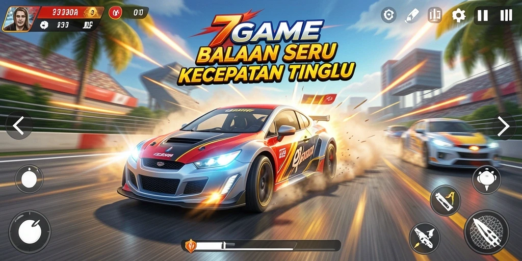Screenshot gameplay 7GAME menampilkan aksi balapan yang mendebarkan.
