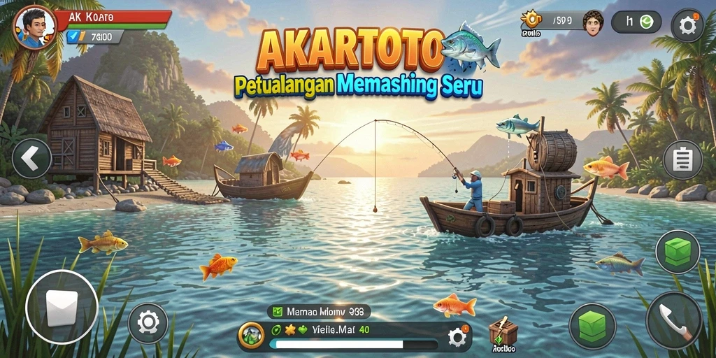 Screenshot utama AKARTOTO menunjukkan gameplay seru saat memancing.