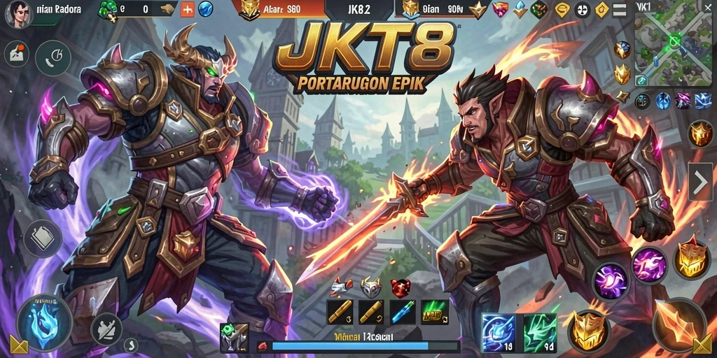Screenshot JKT8 menunjukkan momen pertarungan seru dalam gameplay MOBA.