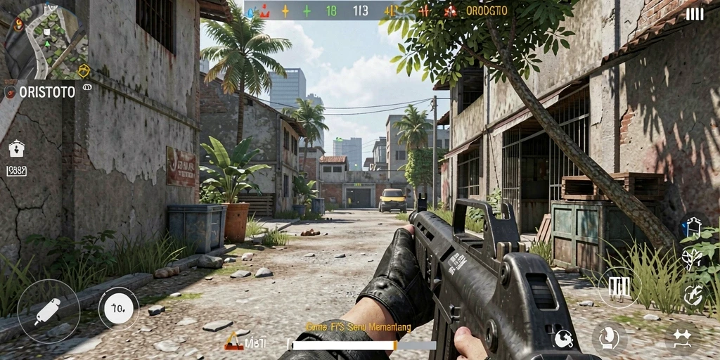 Tangkapan layar gameplay ORISTOTO yang menampilkan aksi tembak-menembak yang seru.